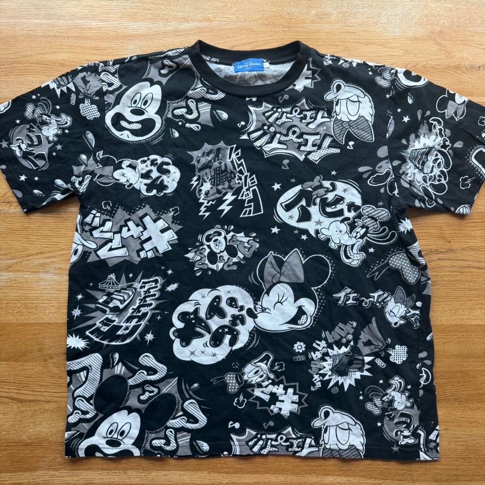 Tokyo Disney Resort Mickey Mouse Manga Comic All Over Print T-Shirt Black L